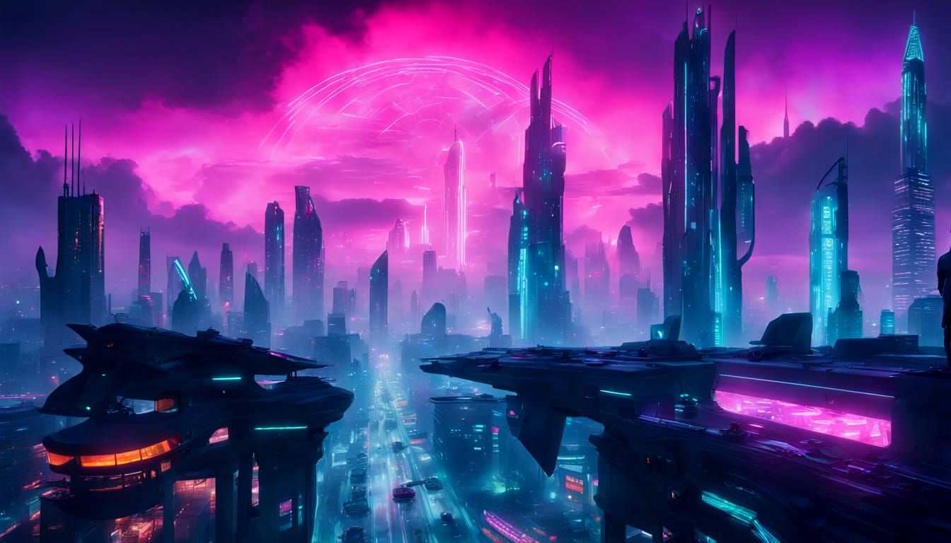 Dramatic Cyberpunk Cityscape under Aurora Borealis
