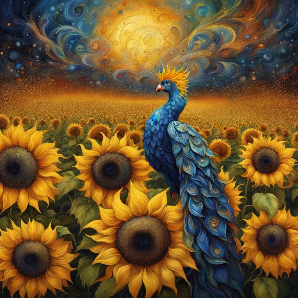 Klimt-Inspired Phoenix and Sunflowers in Yang Colors