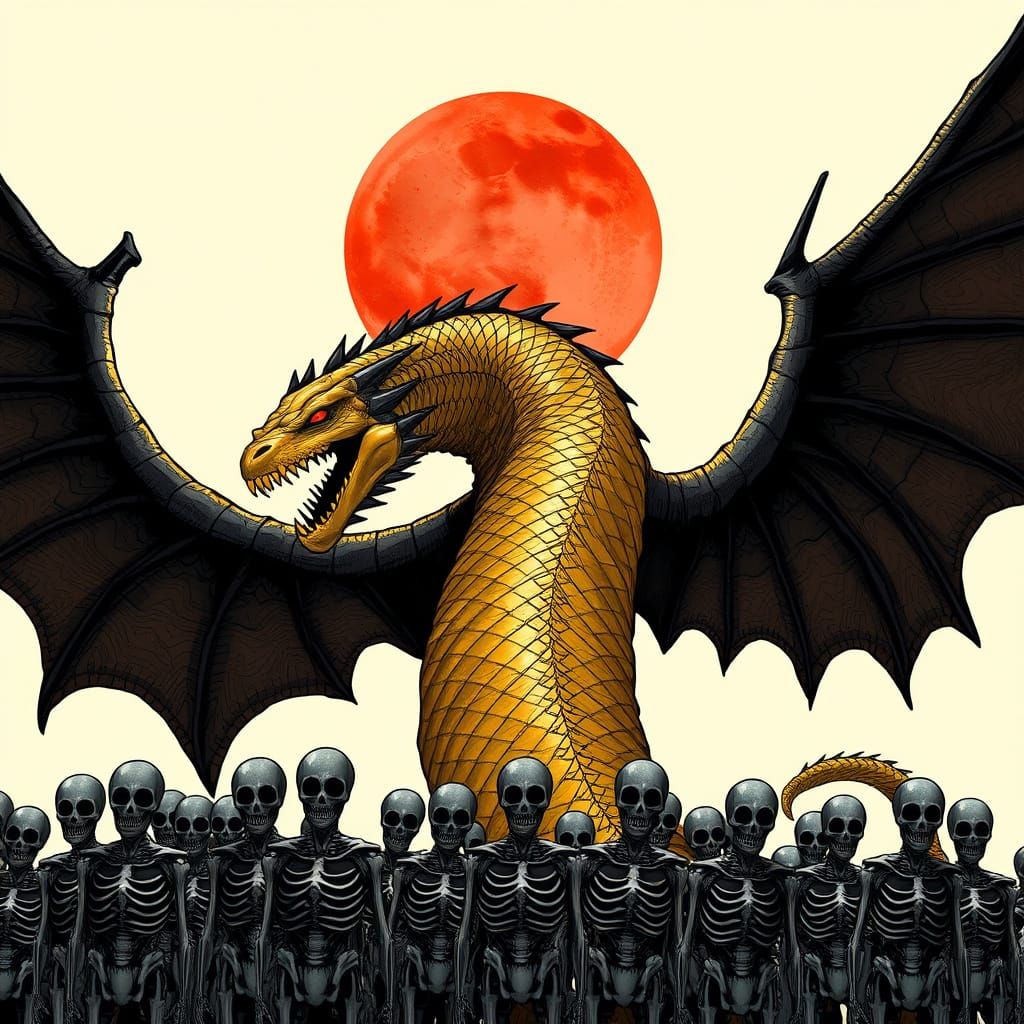 Golden Serpentine Monster in Flight with Black Wings and Red...