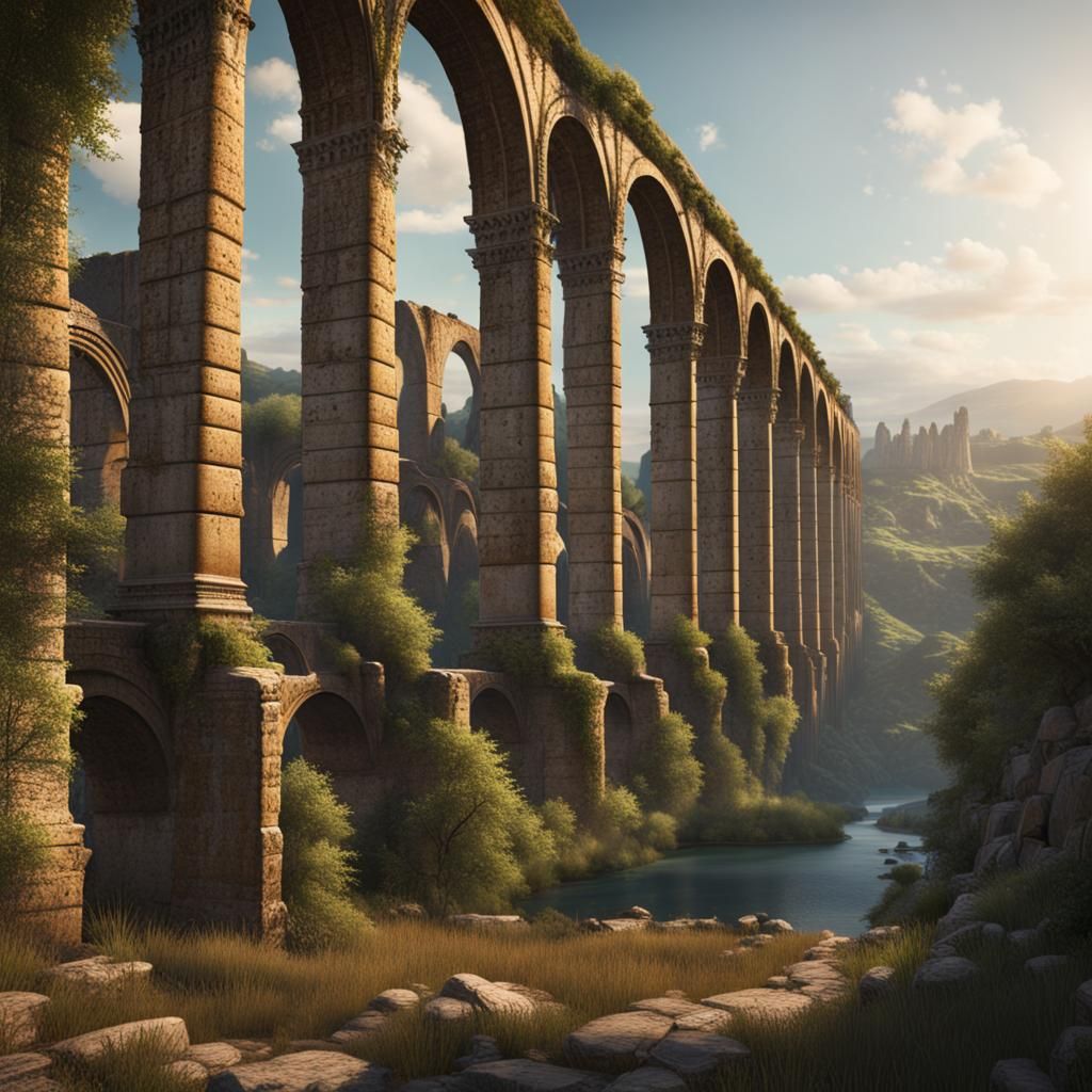 Roman Aqueducts: Detailed Matte Painting in Countryside