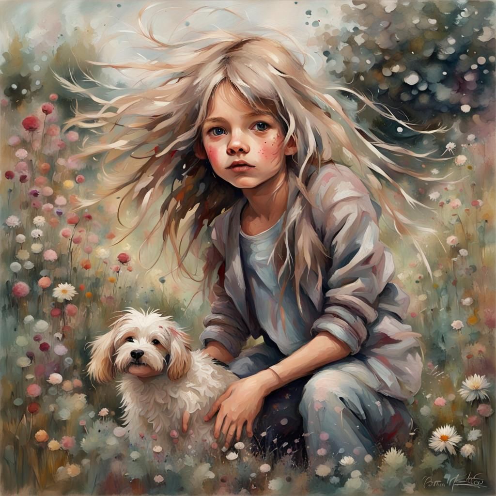 Whimsical Girl and Dog in Garden, Oil Paint Splatter