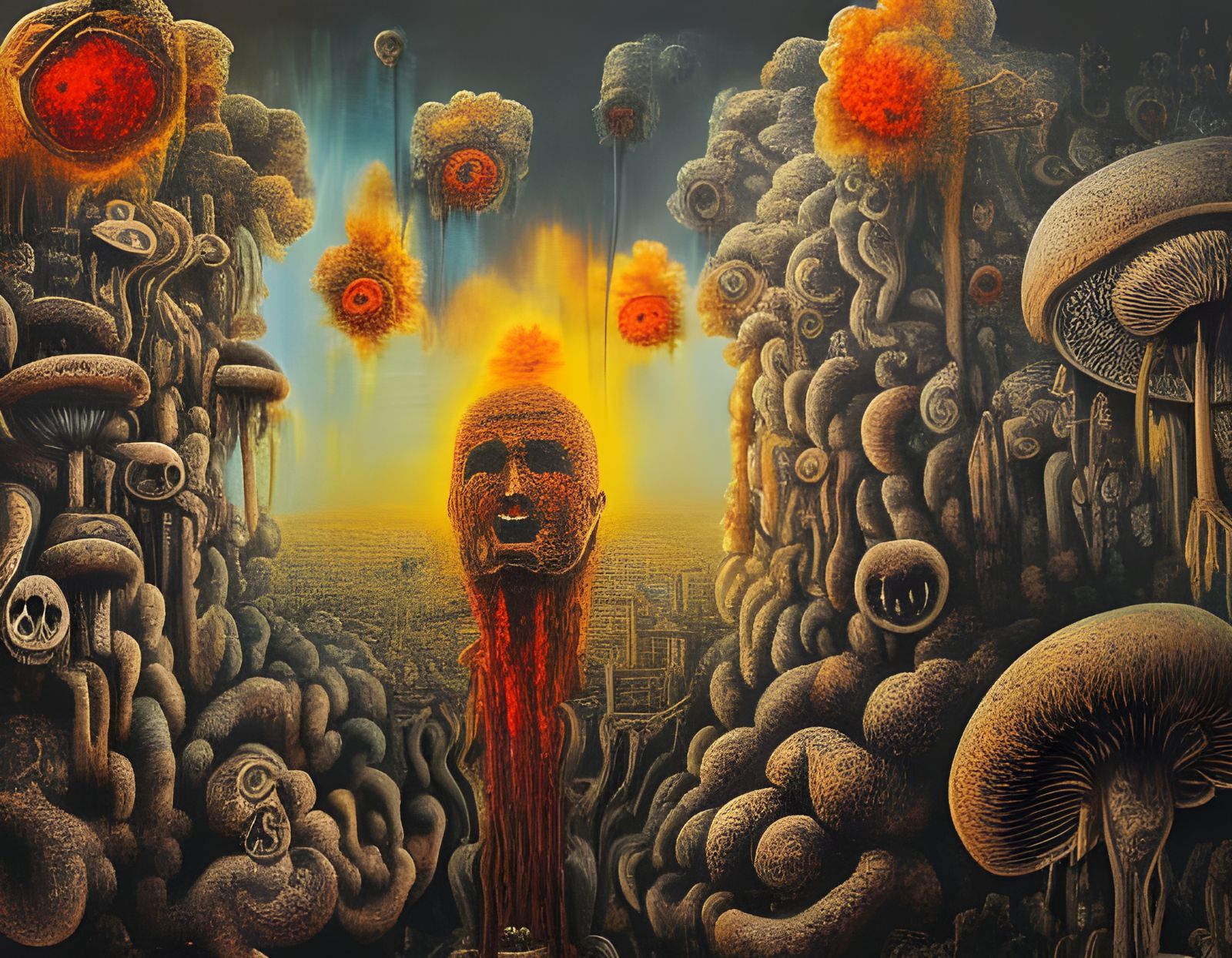 Gory Head Explosion in City Ruins: Surreal Oil Painting