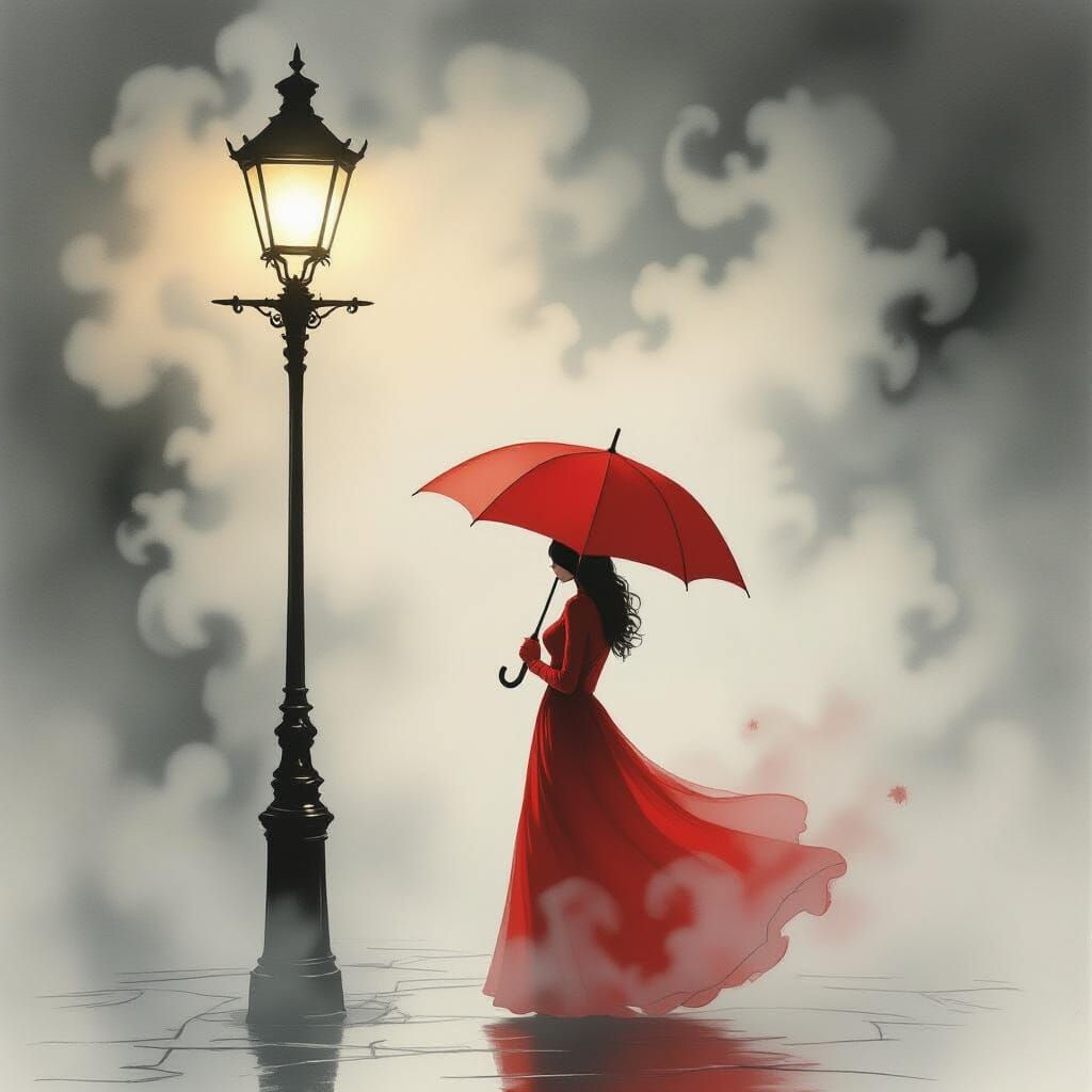 Woman in Red Dress in Fog, Ink and Charcoal Art