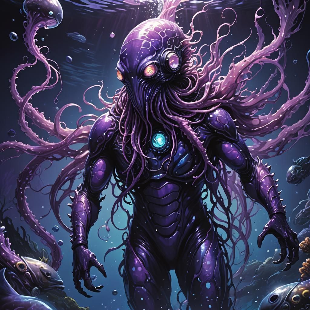 Monstrous Sea Creature Watches Scuba Diver in Anime Style