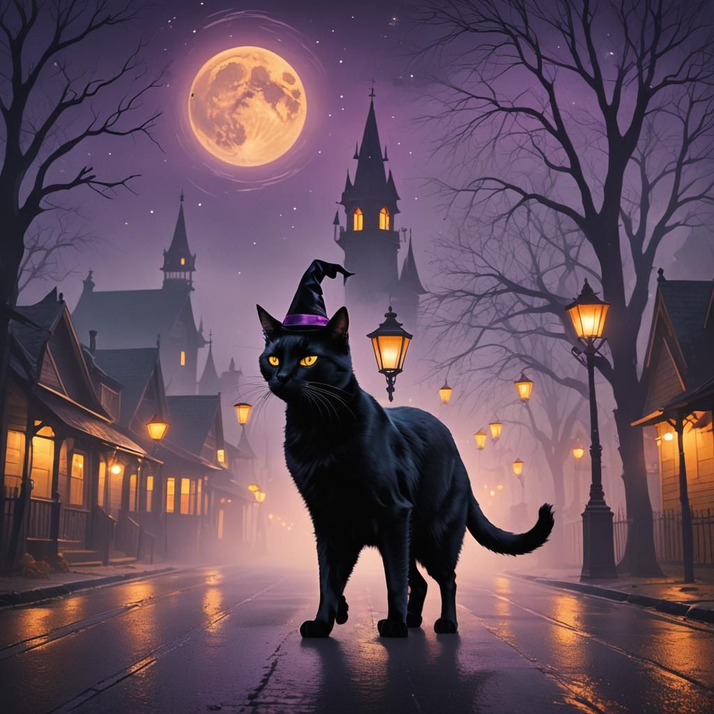 Black Cat's Halloween Twilight Stroll: Dark Fantasy Art