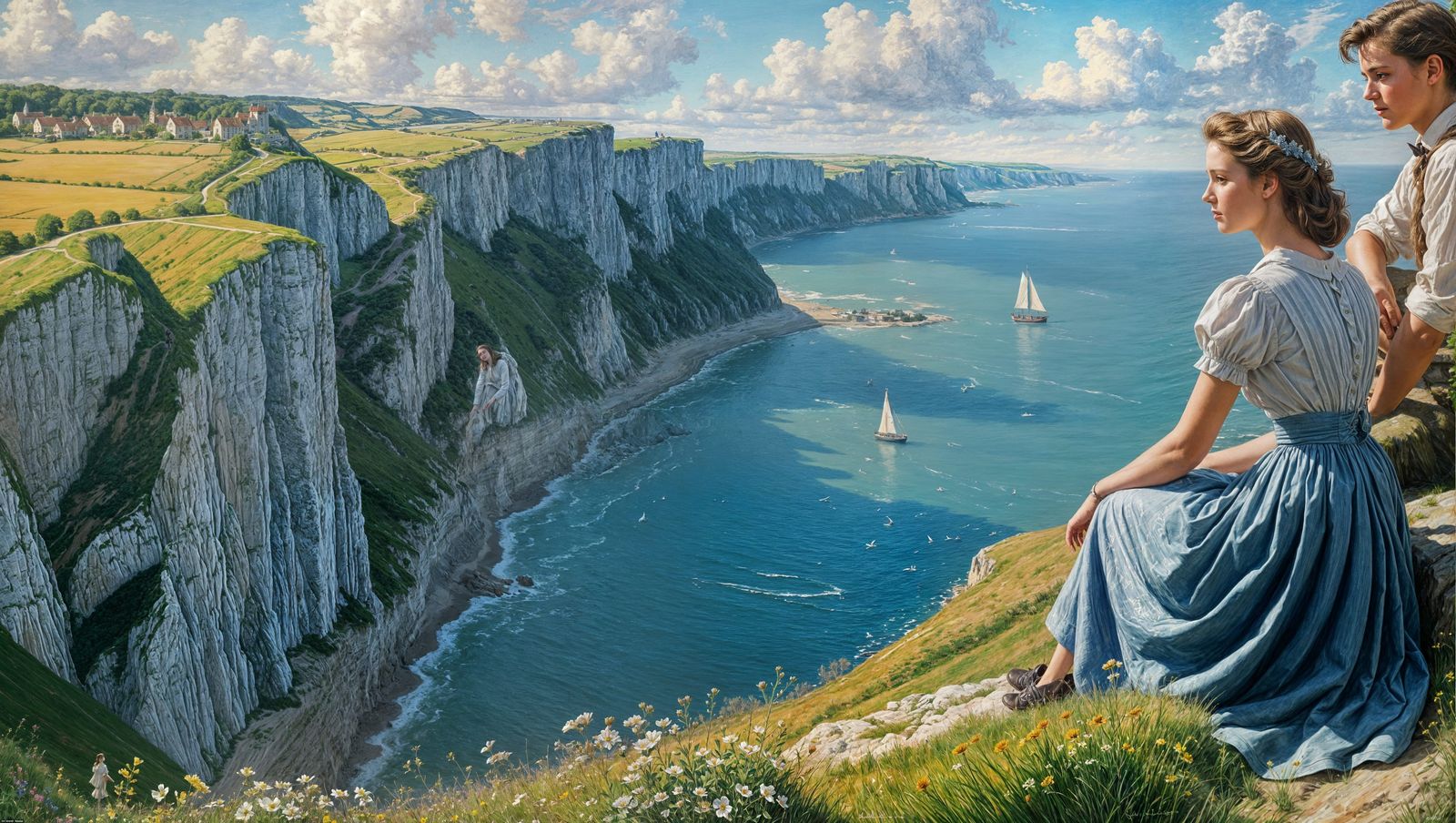 Woman Watching Bluebirds Over Dover, Impressionist Painting