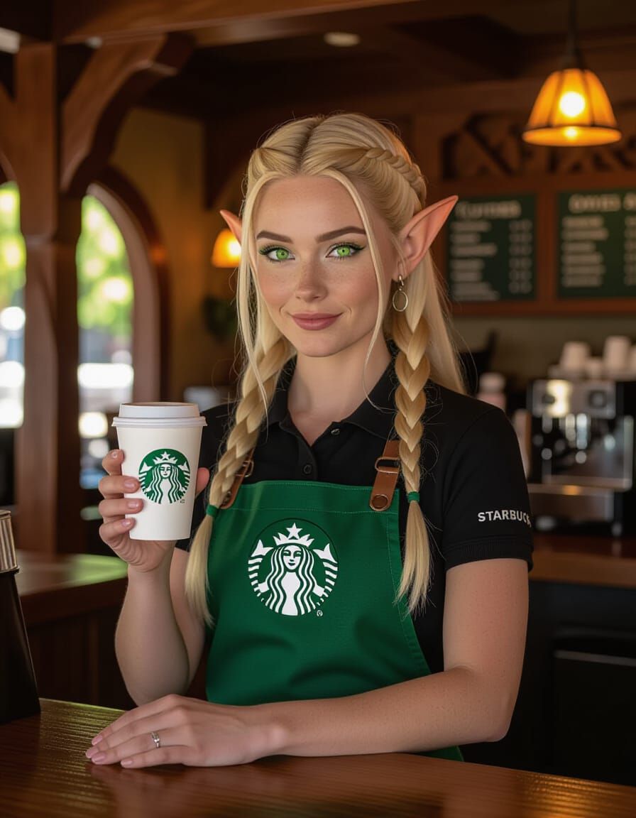 Elven Starbucks Barista in Fantasy Store