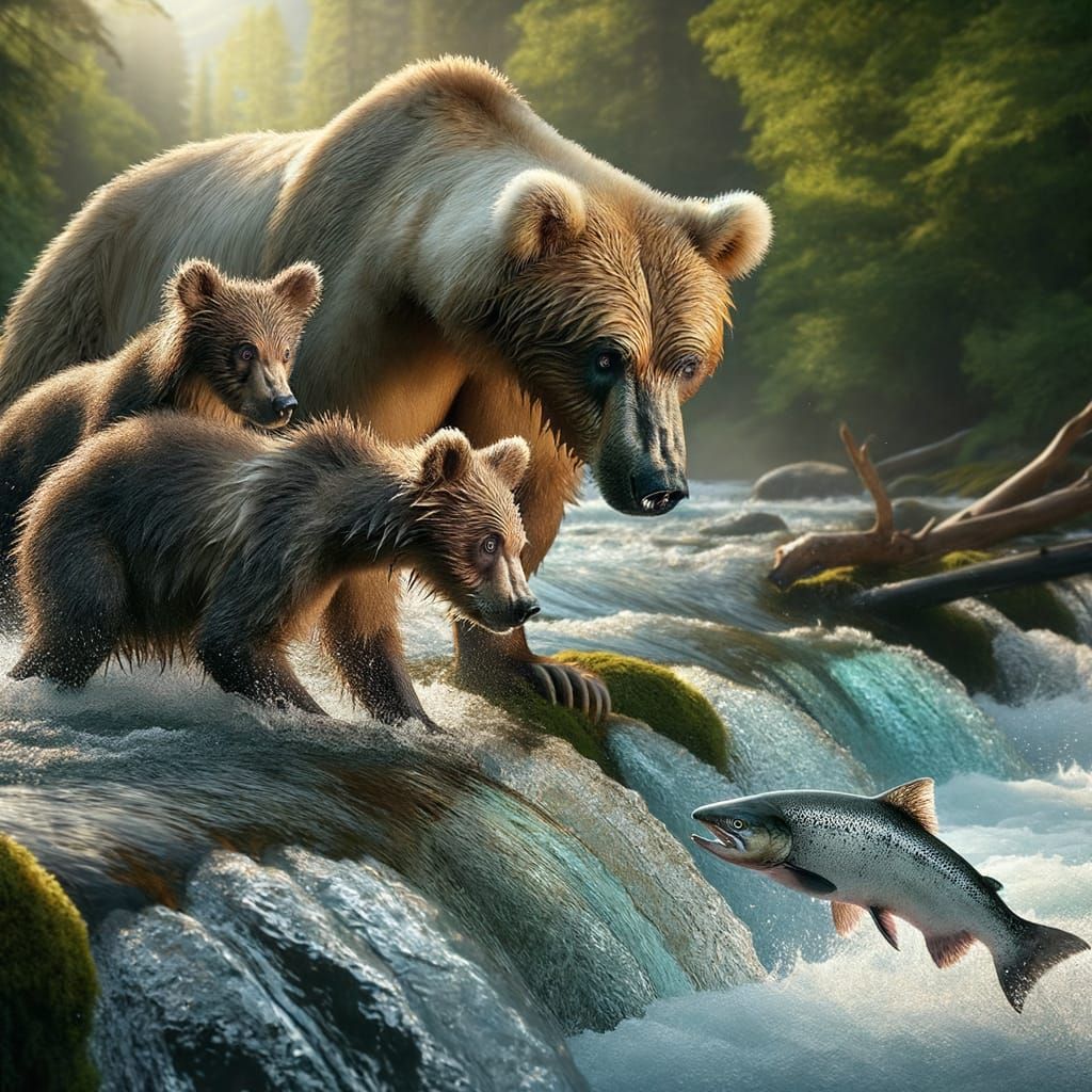 Mother Bear Teaches Cubs to Hunt Salmon in a Wild Forest