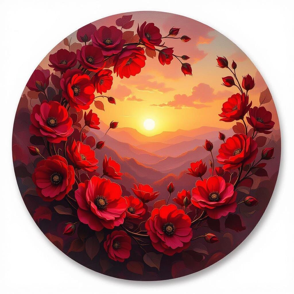 Vibrant Oil Painting of Swirling Crimson Flowers in Sunset G...