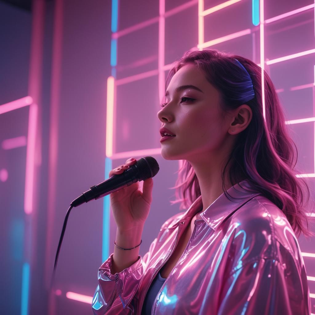 Girl Singing in Neon Studio, Glassmorphism Style