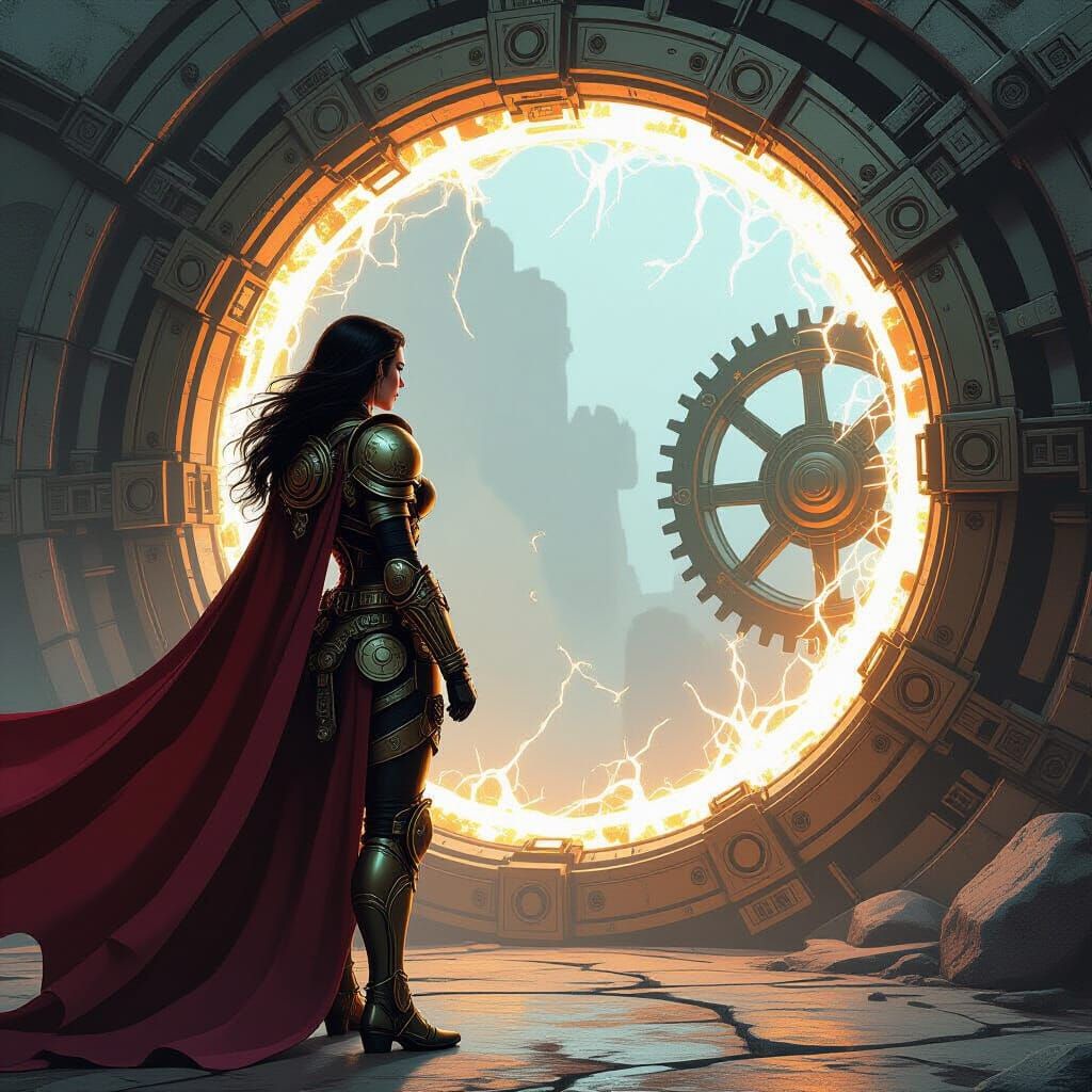 Steampunk Warrior Woman Guarding Temporal Portal