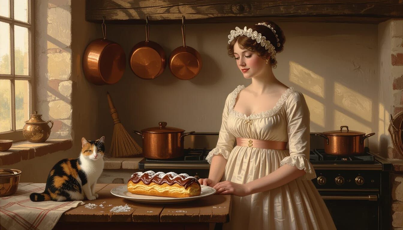 Georgian Kitchen Scene with Woman and Chocolate Eclair