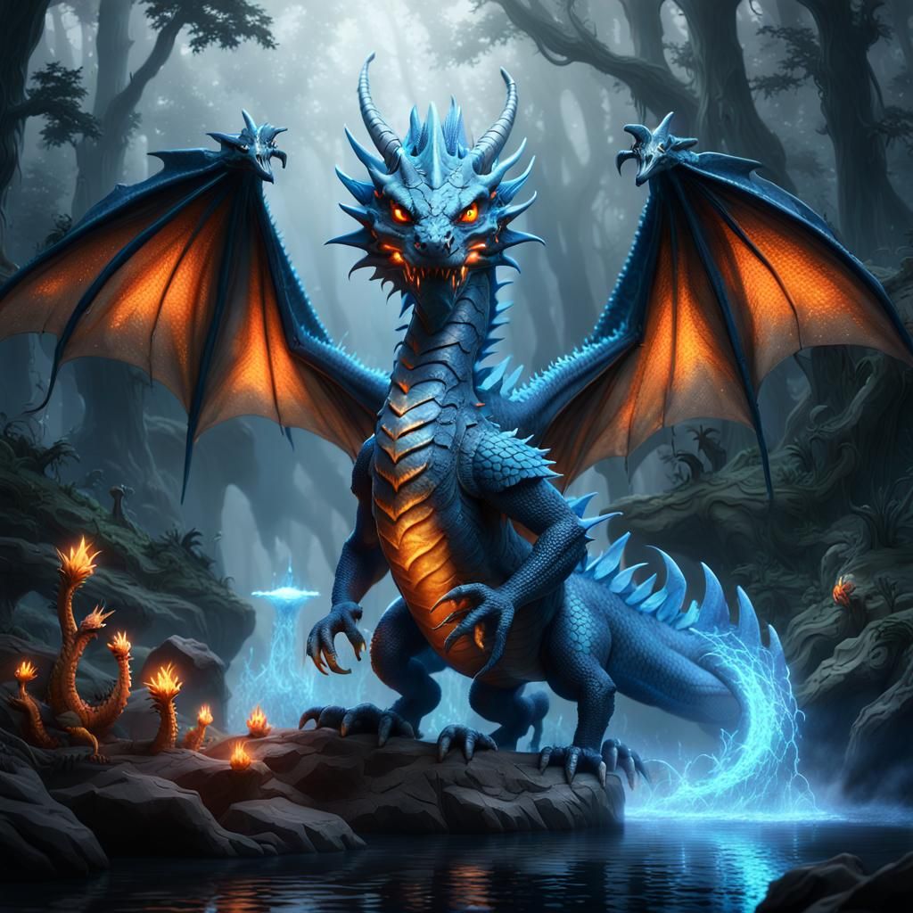Blue Dragon in Misty Forest: 3D Digital Art