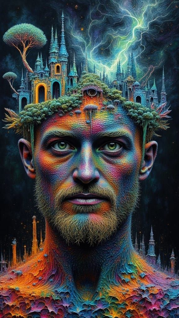 Fractal Faced Man with Bioluminescent Moss in Impasto