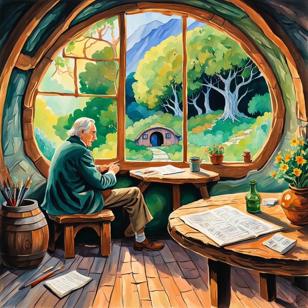 Tolkien at Work in Hobbit Hole, Gouache Painting