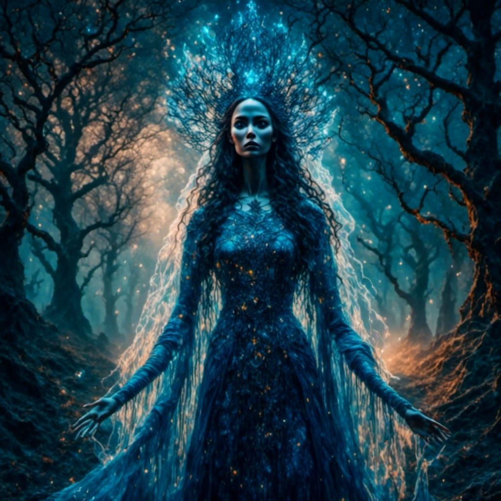 Beautiful Witch with Surreal Eyes in Fantasy Landscape