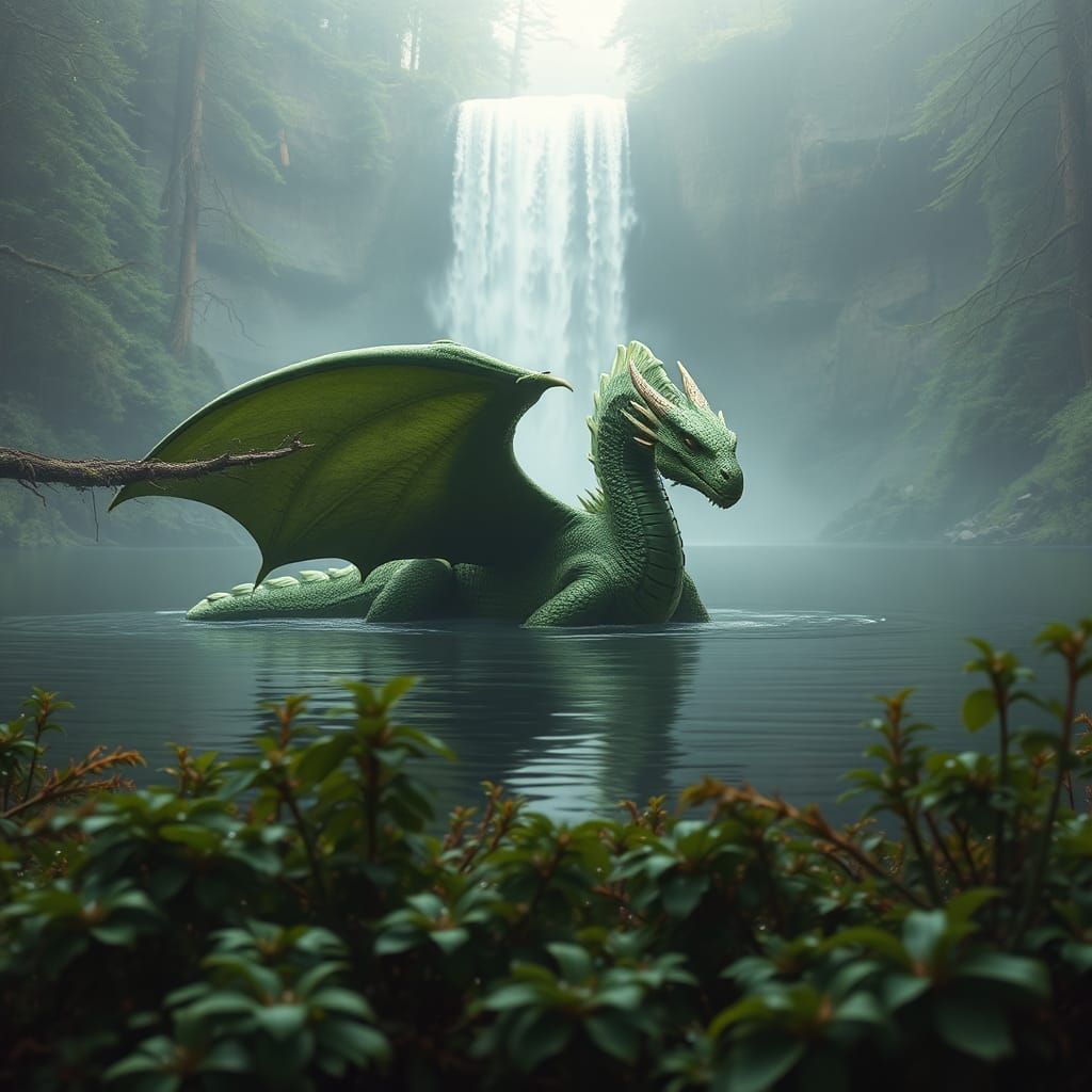 Green Dragon Bathes in Forest Lake