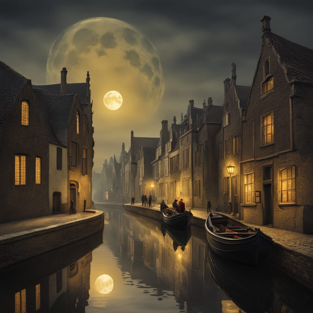 Flemish Renaissance Night Scene with Two Moons and Magical A...