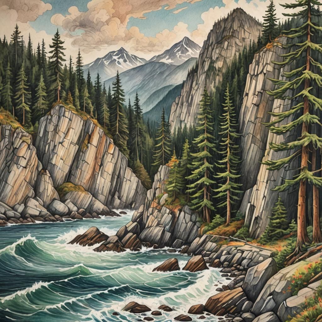 Colorful Panoramic Landscape in Pencil Sketch Style