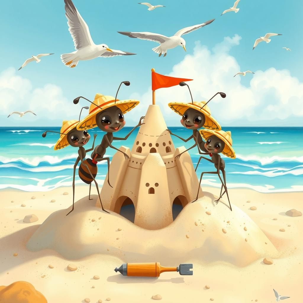Anthropomorphic Ants Build Sandcastle on Sunny Beach