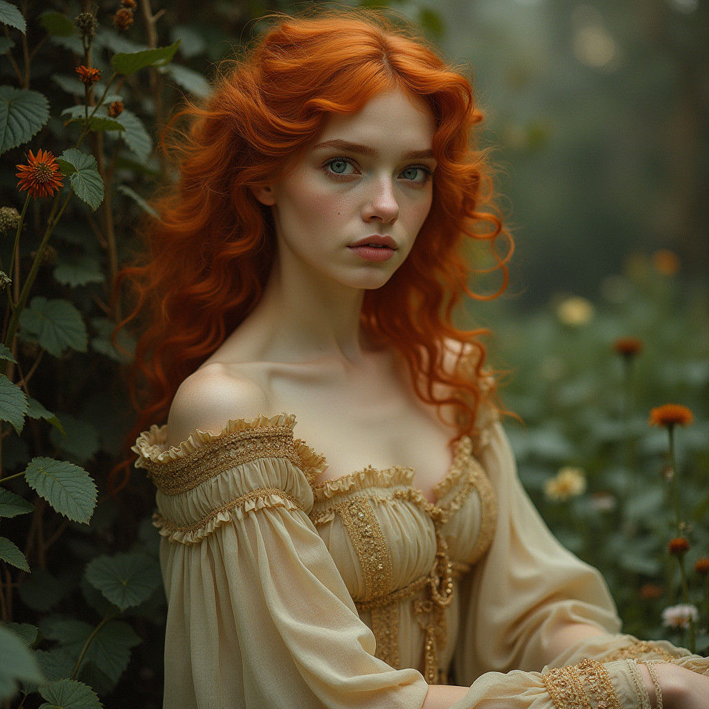 Pre-Raphaelite Woman with Piercing Blue Eyes