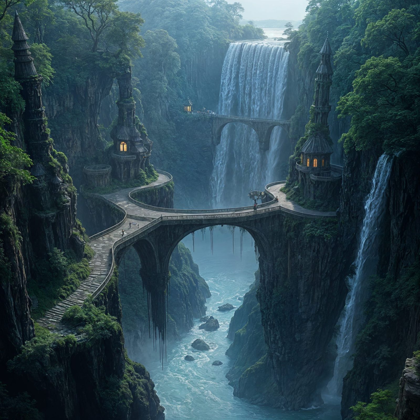 Hidden City Behind Waterfall: Bird's-Eye View