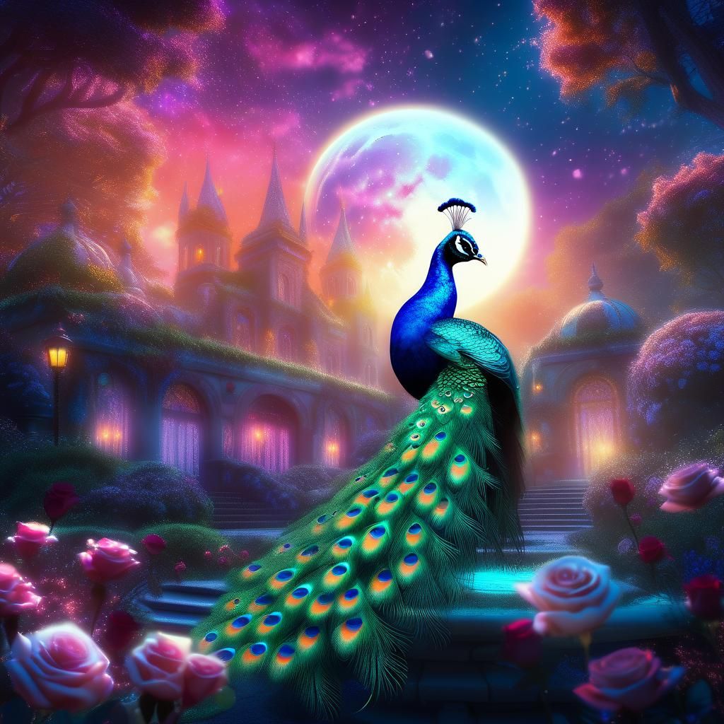 Peacock in Luminous Rose Garden: Fantasy Concept Art