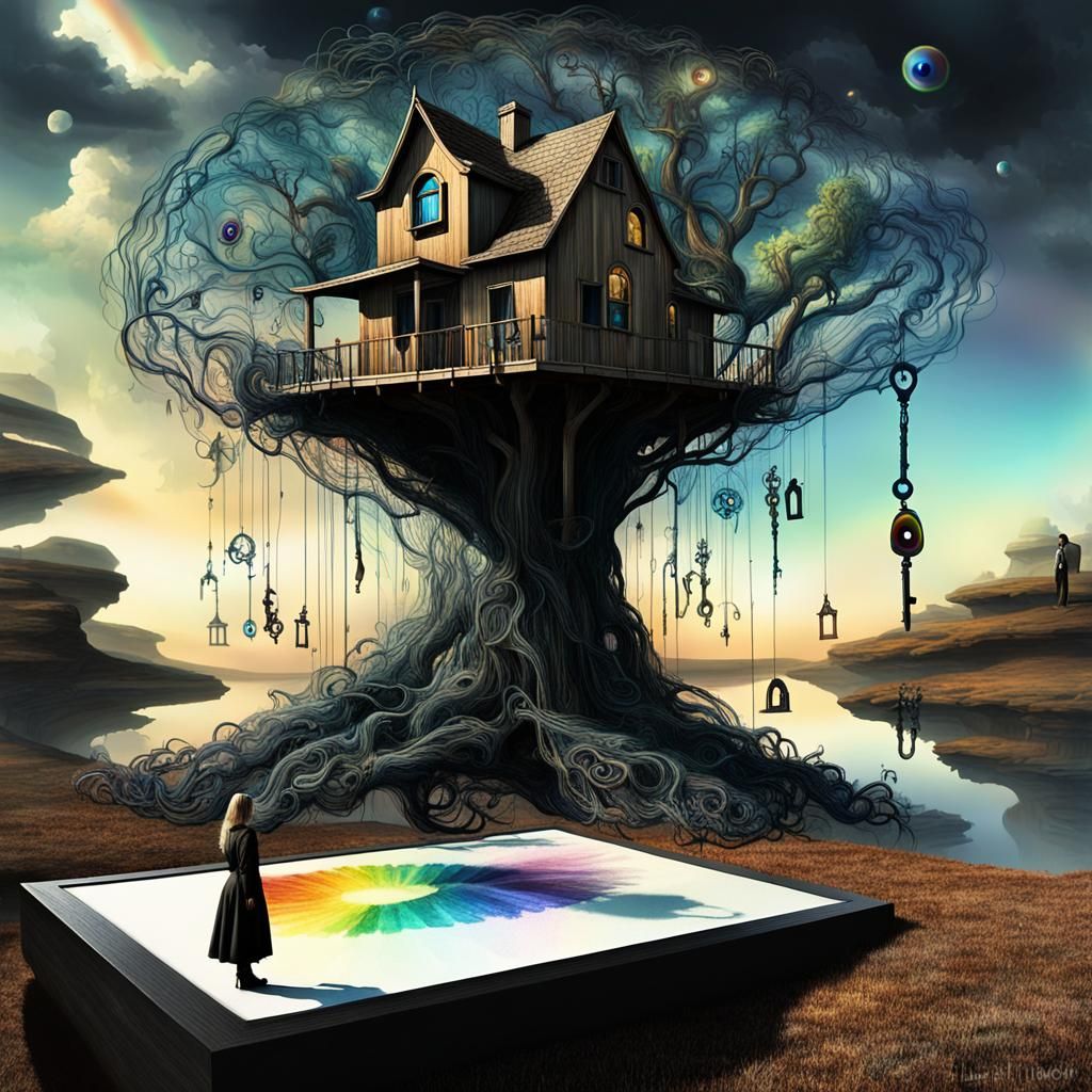 tree house,  a fairy godmother watches  over, a surreal digital art piece depicting keys floating in a dreamlike landsca...