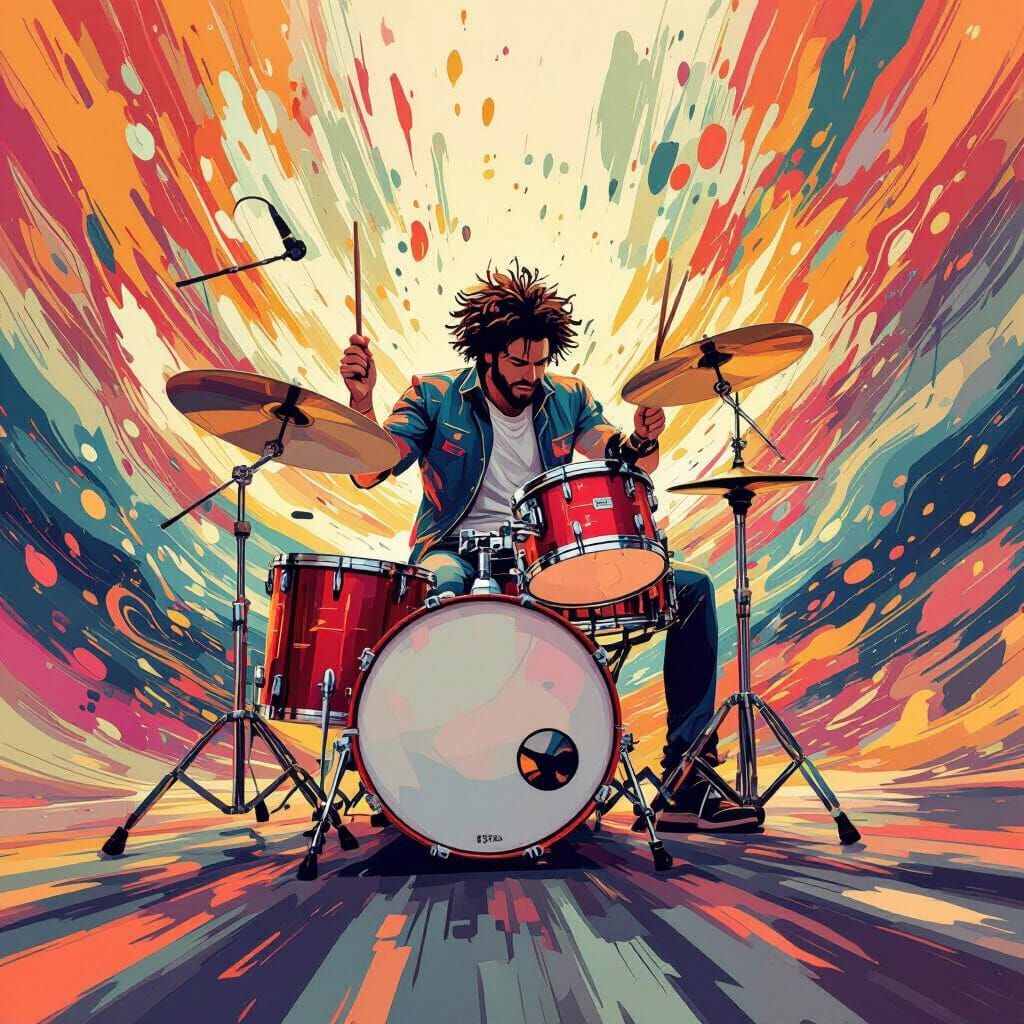 Vibrant Drummer in Motion, Ash Thorp Style