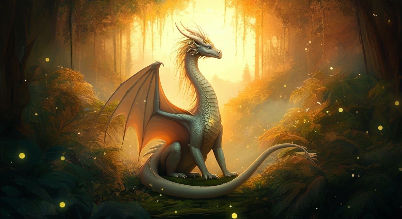Mystical Dragon in Golden Forest, Hyperdetailed Landscape