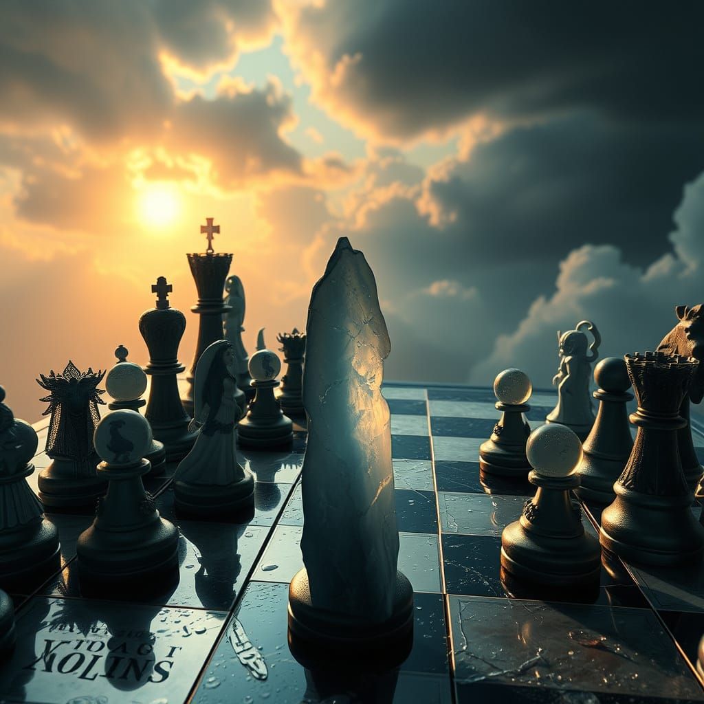 Mystical Chessboard with Moonstone and Obsidian Pieces