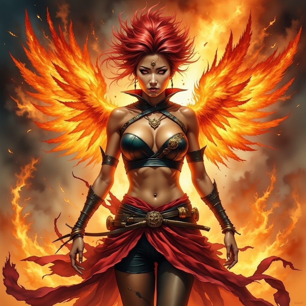 Fiery Warrior Summons Phoenix in Anime Style
