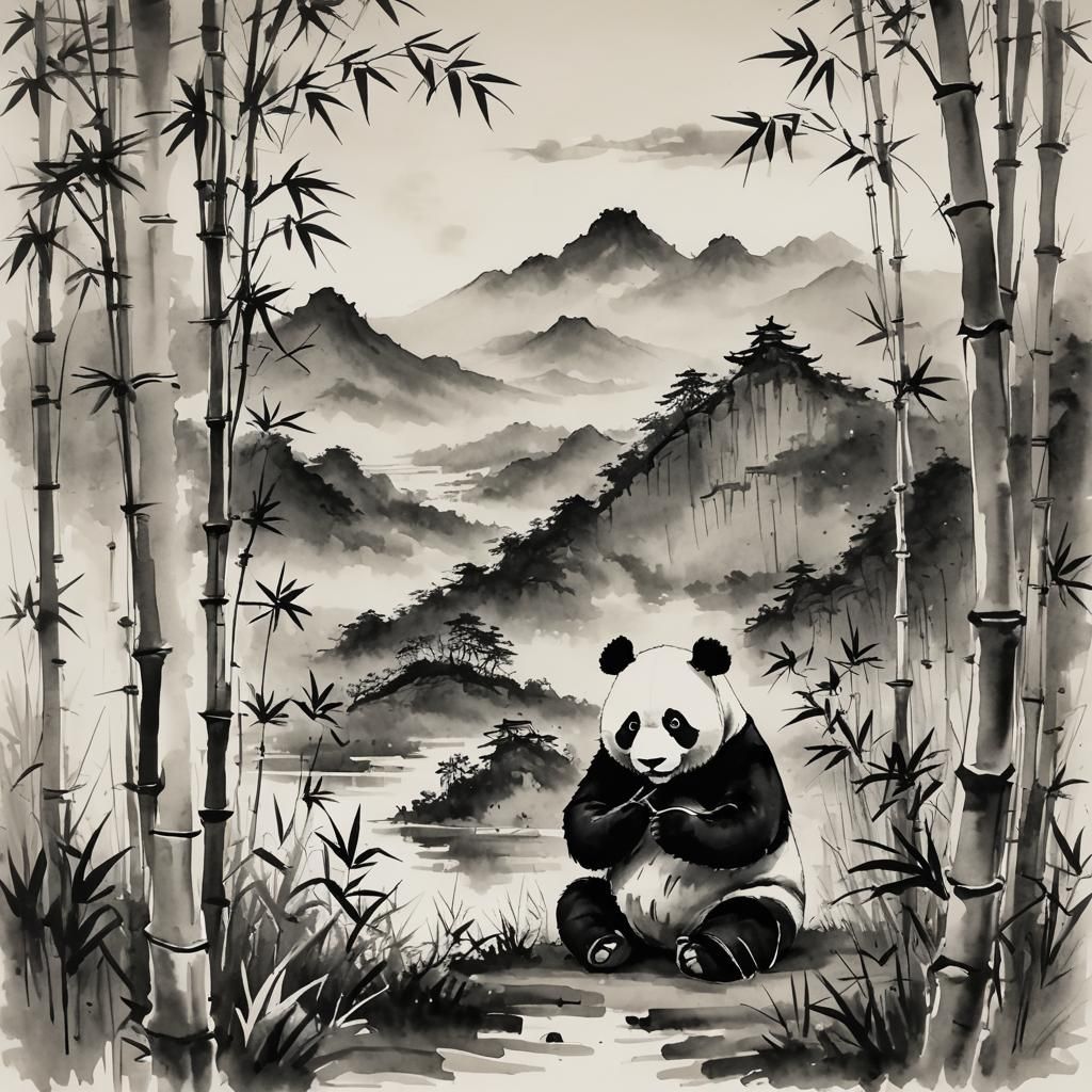 A great panda sitting in a bamboo field and eating bamboo. B...