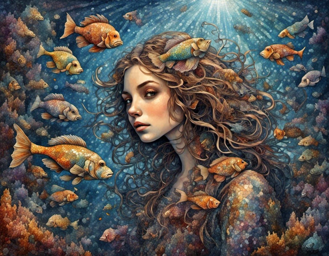 Rainbow Fish in Surreal Underwater Tapestry