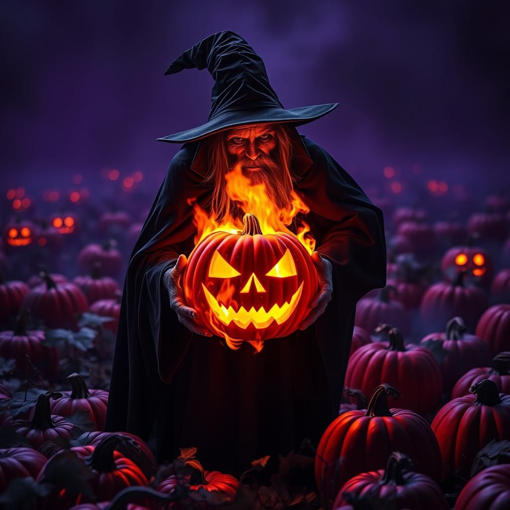 Menacing Wizard in Pumpkin Patch with Jack-o'-Lantern