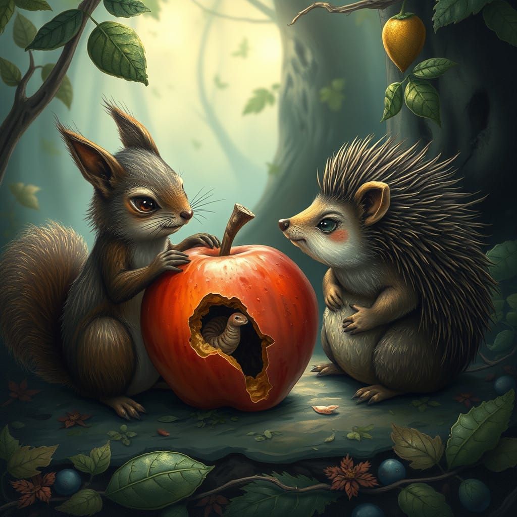 Woodland Creatures Dispute a Prized Apple in Whimsical Folkl...