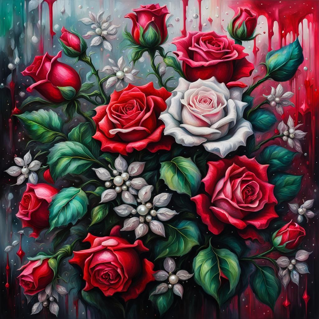 Baroque Ruby Rose Bouquet in Graffiti Art Style