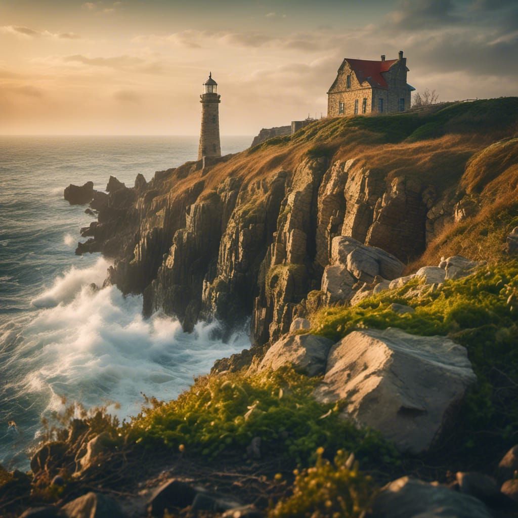 Coastal Lighthouse on Rocky Cliffs: Seaside Landscape