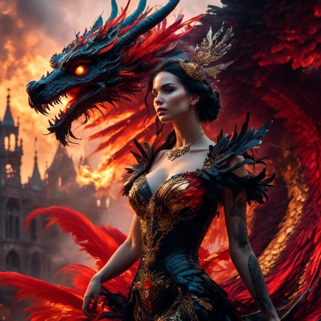 Gothic Dragon Lady with Feathers and Tattoos