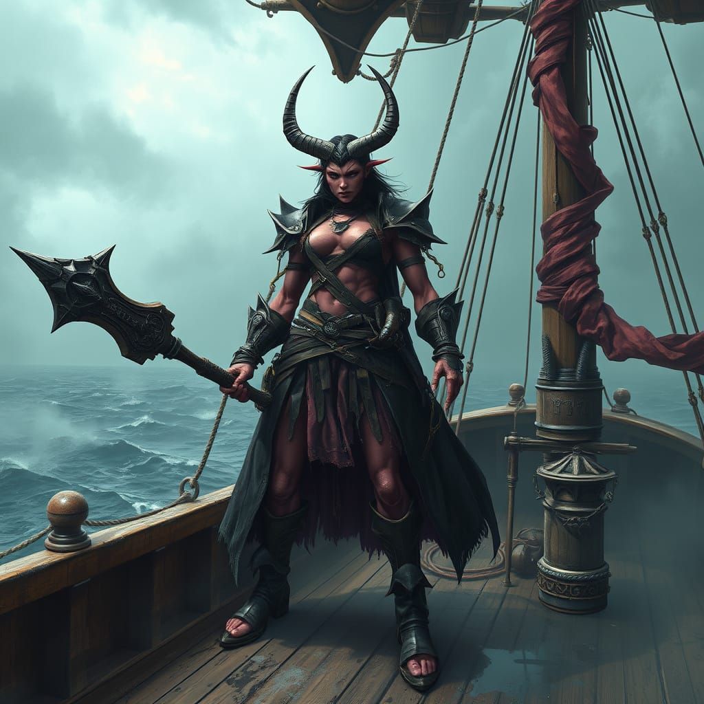 Majestic Female Oni Pirate Dominates Stormy Seas
