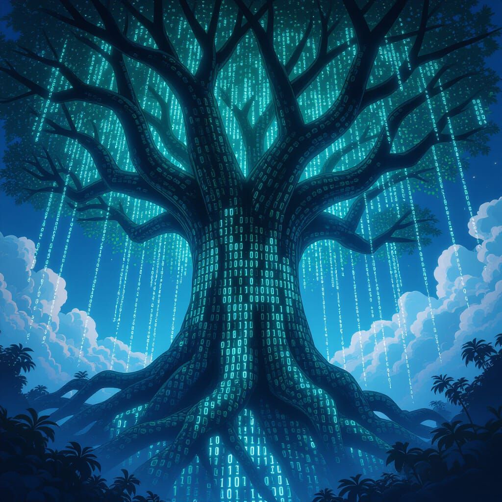 Ancient Binary Code Tree in Digital Abyss