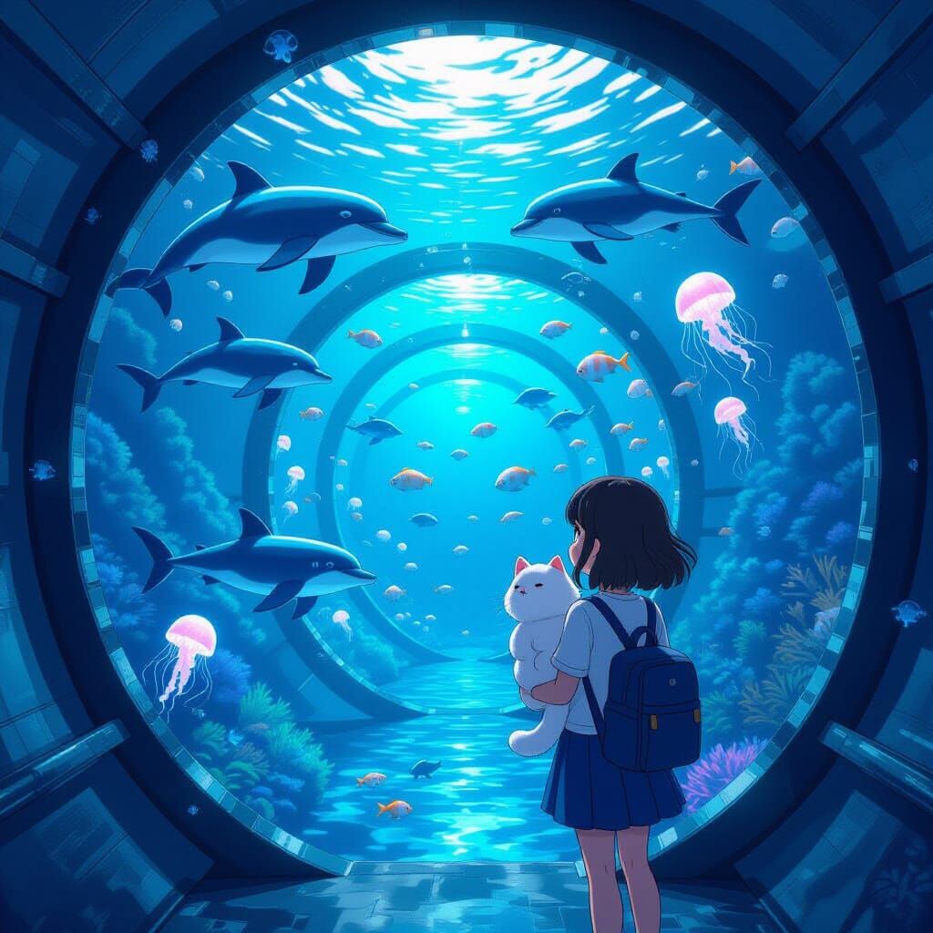 Girl and Cat Explore Underwater Tunnel with Marine Life