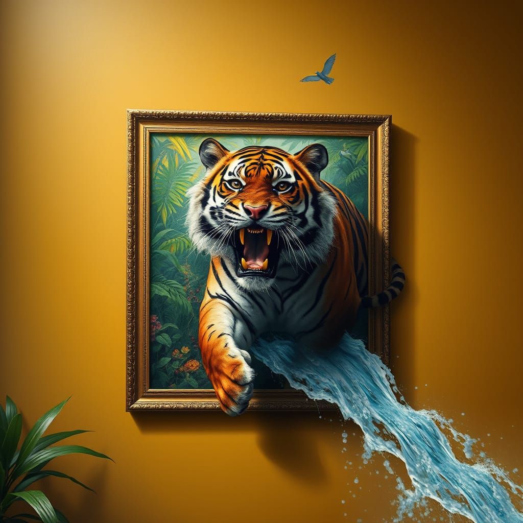 Tiger Emerges from Jungle Painting