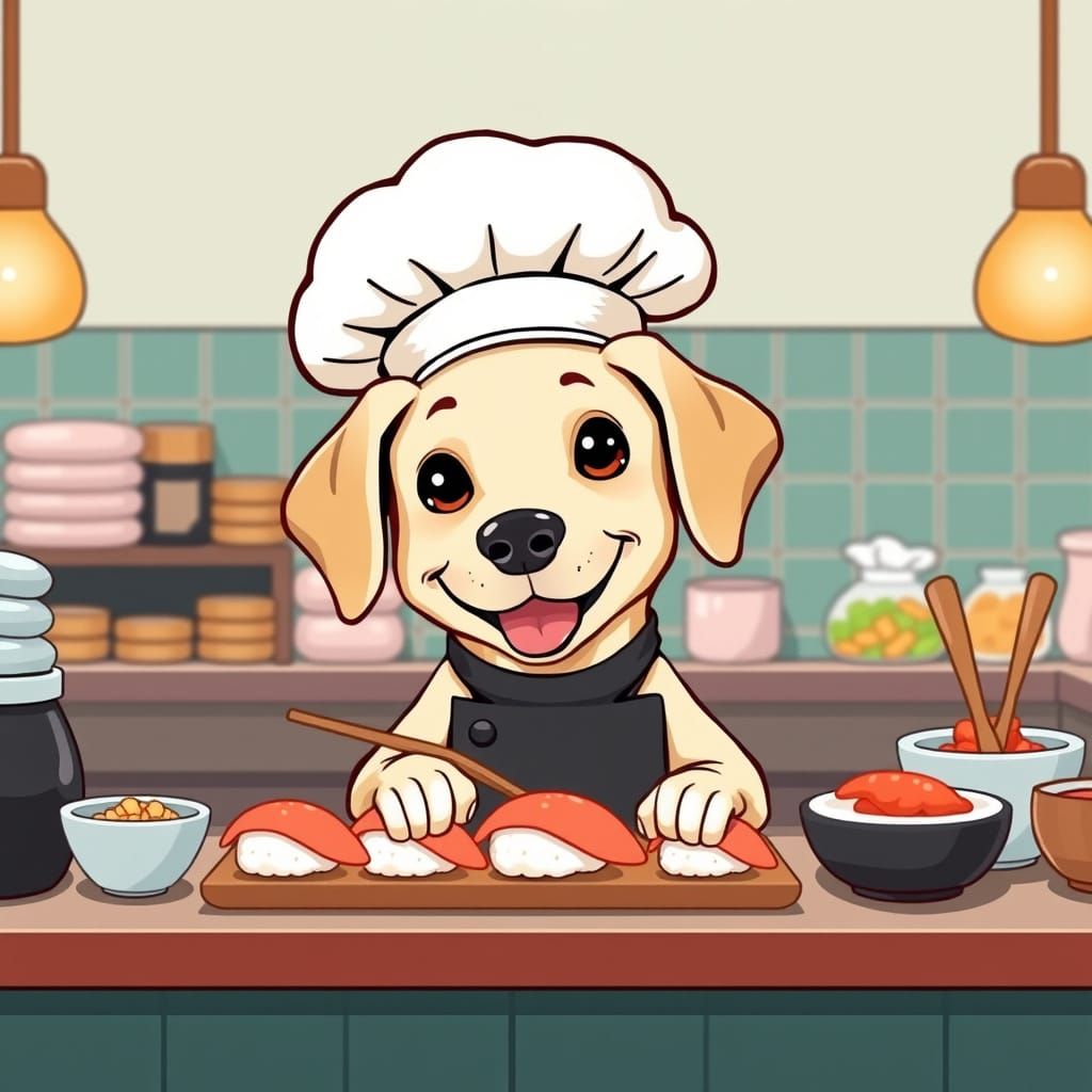 Kawaii Chef Labrador Creates Sushi Masterpiece