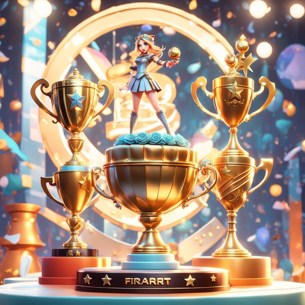 Anime Girl Celebrates with Trophy in 3D Digital Art