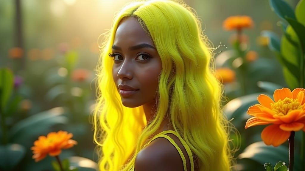 Indian Girl with Neon Hair in Lush Jungle