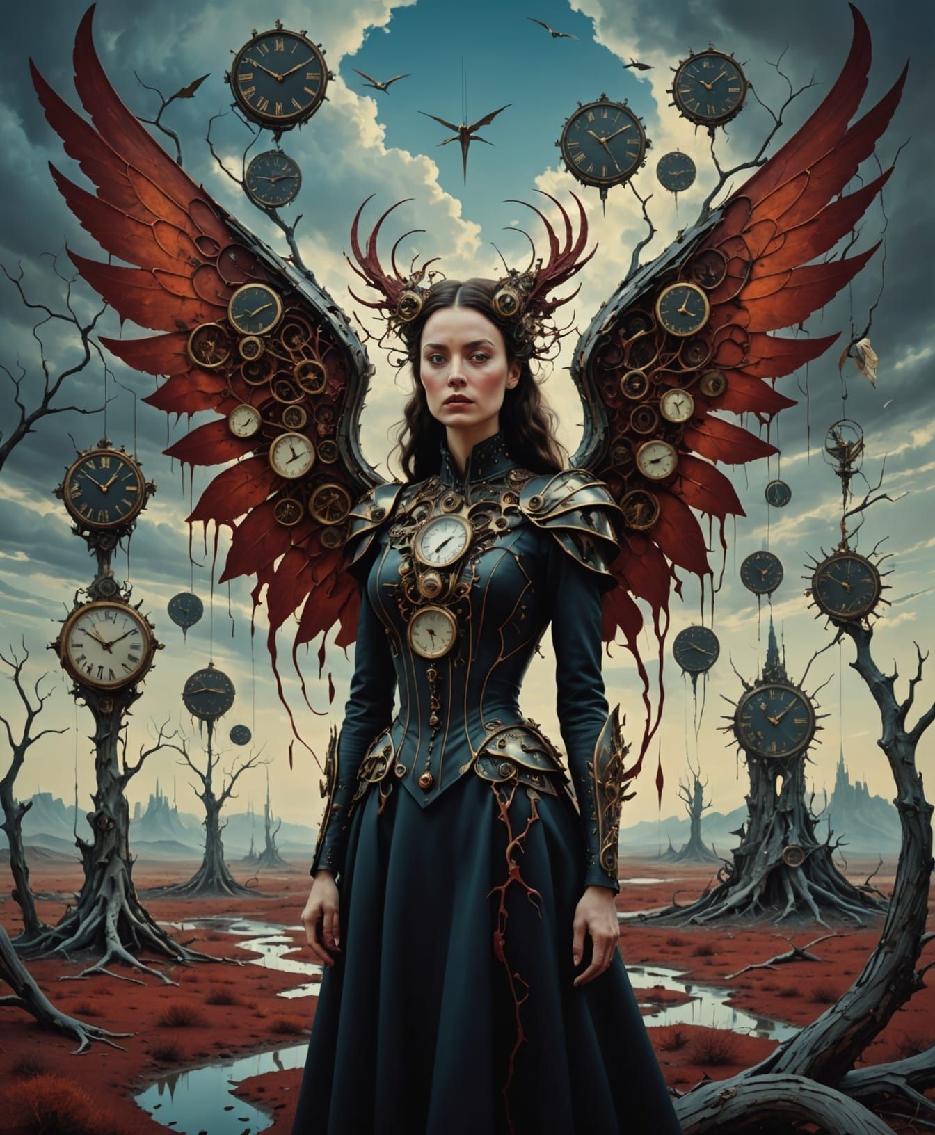 Surreal Supermodel with Clockwork Wings in Dreamscape