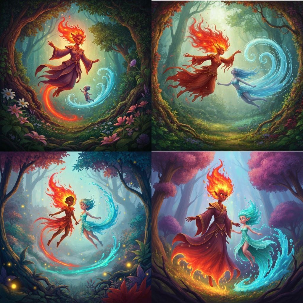 Fire and Water Sprites in Enchanted Forest