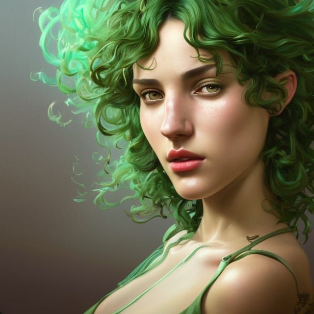 Green-haired Woman Portrait in Hyperdetailed Digital Art