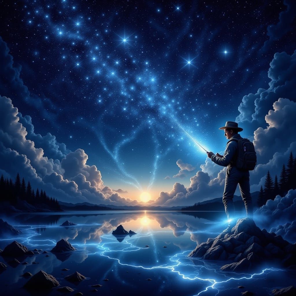 Celestial Fisherman Casting Into Starry Sea
